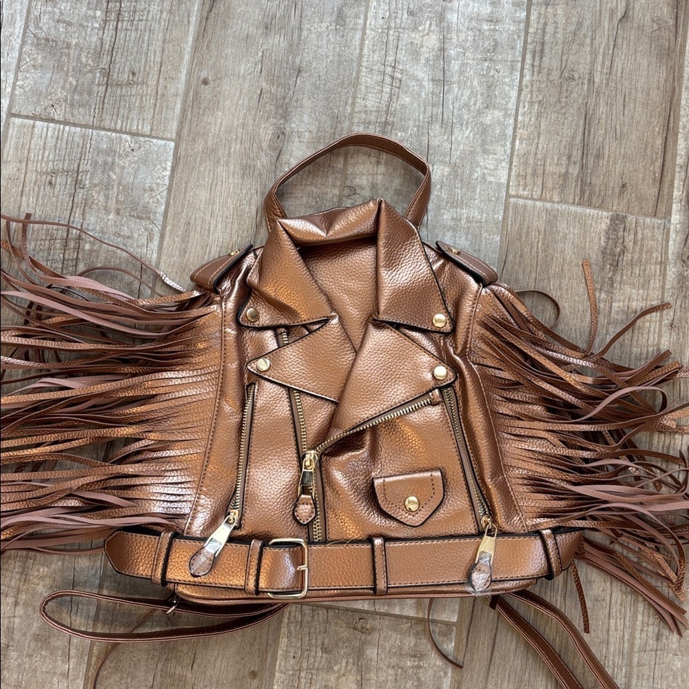 Fringed Bronze/ Copper- Color Vegan Faux Leather Motorcycle Jacket Backpack - Picture 2 of 3